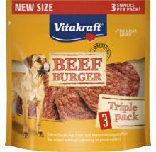 Vitakraft Beef Burger hundsnack i trepack med notering om ny storlek och utan tillsatt socker