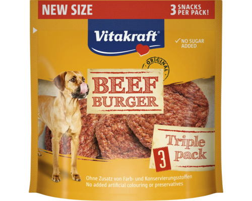 Vitakraft Beef Burger hundsnack i trepack med notering om ny storlek och utan tillsatt socker