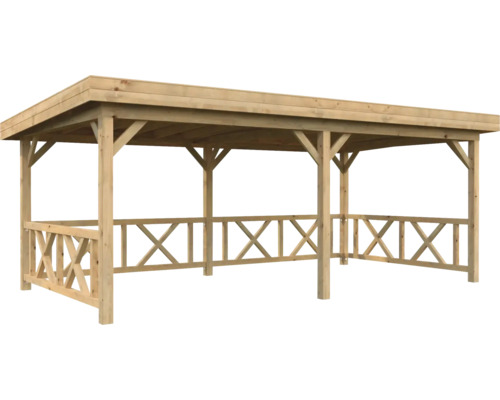 Paviljong PALMAKO Lenna 16,6m² set 307 inkl. räcke 588x300cm doppimpregnerad brun Trädgårdspaviljong i trä med tak och ribbstaket