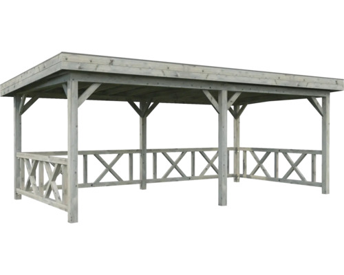 Paviljong PALMAKO Lenna 16,6m² set 307 inkl. räcke 588x300cm doppimpregnerad grå Träpaviljong med tak och träräcke runt om