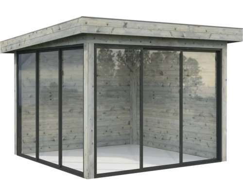 Paviljong PALMAKO Lenna Slide 8,3m² set 701 300x300cm doppimpregnerad grå Trädgårdshus i trä med skjutbara glasdörrar
