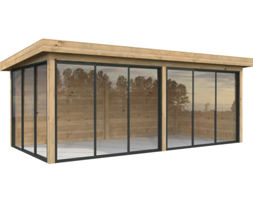 Paviljong PALMAKO Lenna Slide+ 16,6m² set 702 588x300cm doppimpregnerad brun Trädgårdshus i trä med skjutbara glasdörrar