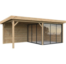 Trädgårdshus med träpanel och glasfront