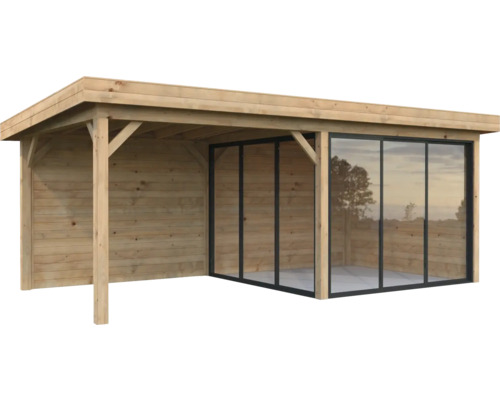 Paviljong PALMAKO Lenna Slide 16,6m² set 405 588x300cm doppimpregnerad brun Trädgårdshus med träpanel och glasfront