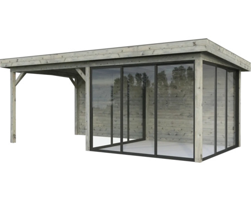 Paviljong PALMAKO Lenna Slide 16,6m² set 406 588x300cm doppimpregnerad grå Trädgårdshus i trä med glasskjutdörrar