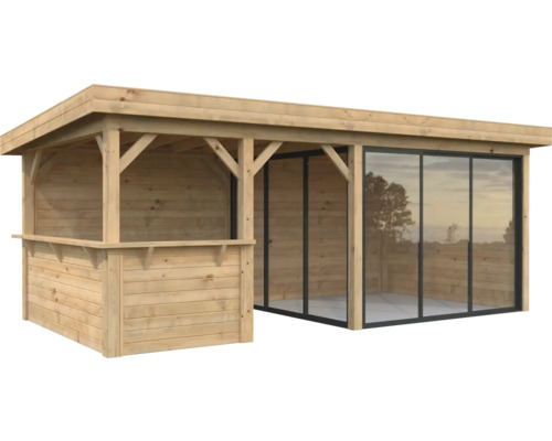 Paviljong PALMAKO Lenna Slide+ 16,6m² set 707 588x300cm doppimpregnerad brun Trädgårdshus i trä med bar och glasskjutväggar