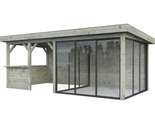 Paviljong PALMAKO Lenna Slide 16,6m² set 408 588x300cm doppimpregnerad grå Trädgårdspaviljong i trä med glasskjutdörrar