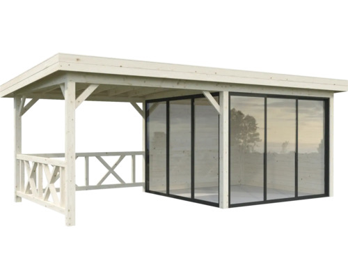 Trädgårdspaviljong i trä med glasskjutväggar