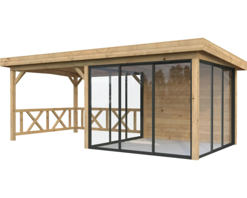 Paviljong PALMAKO Lenna Slide+ 16,6m² set 704 588x300cm doppimpregnerad brun Trädgårdspaviljong i trä med glasskjutdörrar och räcke