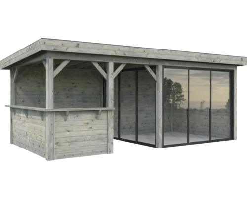 Paviljong PALMAKO Lenna Slide 16,6m² set 407 588x300cm doppimpregnerad grå Trädgårdshus i trä med skjutbara fönster