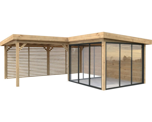 Paviljong PALMAKO Lenna Slide 24,9m² set 411 588x588cm doppimpregnerad brun Träpaviljong med glasskjutvägg och lamellvägg