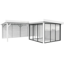 Träpaviljong med glasfront och lamellvägg