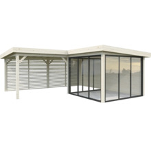 Träpaviljong med glasfront och sidoskärm