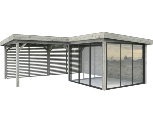 Paviljong PALMAKO Lenna Slide 24,9m² set 411 588x588cm doppimpregnerad grå Träpaviljong med öppna och stängda sidor