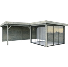 Träpaviljong med glasfront för trädgården