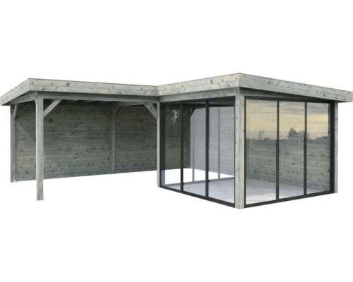 Paviljong PALMAKO Lenna Slide 24,9m² set 412 588x588cm doppimpregnerad grå Träpaviljong med glasfront för trädgården