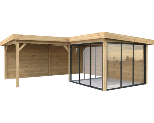 Paviljong PALMAKO Lenna Slide+ 24,9m² set 712 588x588cm doppimpregnerad brun Trädgårdshus i trä med tak och skjutdörrar i glas