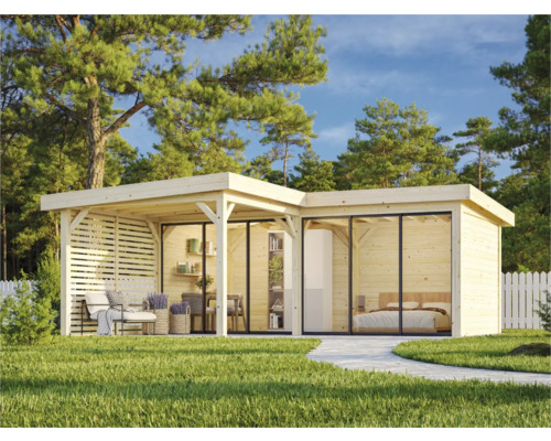 Trädgårdshus i trä med altan, glasfront och sovrum i trädgården