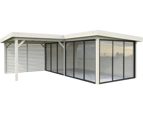 Trädgårdshus med glasskjutväggar och lamellvägg i trä