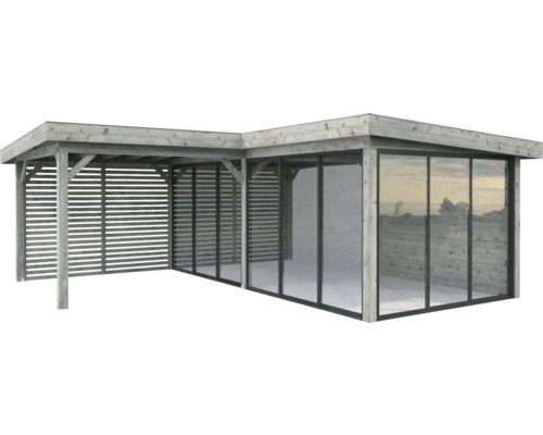 Paviljong PALMAKO Lenna Slide 24,9m² set 414 588x588cm doppimpregnerad grå Trädgårdspaviljong i trä med glasskjutväggar och lamellväggar