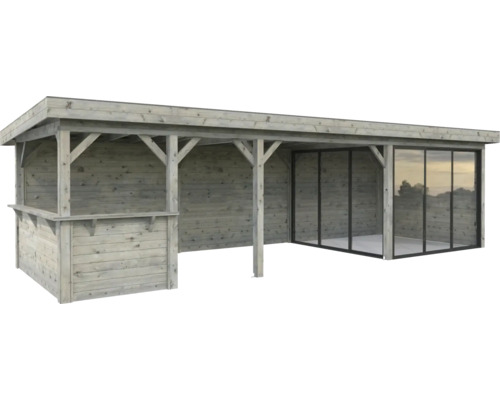Paviljong PALMAKO Lenna Slide 24,9m² set 415 876x300cm doppimpregnerad grå Övertäckt träpaviljong med bar och skjutbara glasdörrar