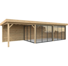 Träpaviljong med glasfront