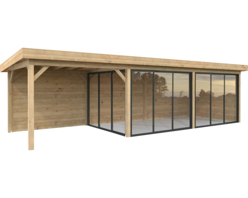 Paviljong PALMAKO Lenna Slide+ 24,9m² set 717 876x300cm doppimpregnerad brun Träpaviljong med glasfront