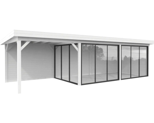 Paviljong PALMAKO Lenna Slide 24,9m² set 417 876x300cm doppimpregnerad grå Vitt skydd med träpanel och skjutbara glasdörrar.