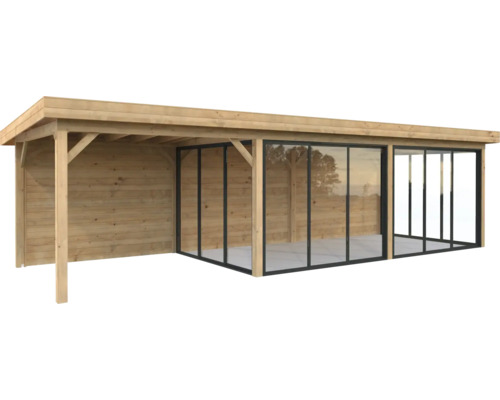 Paviljong PALMAKO Lenna Slide+ 24,9m² set 718 876x300cm doppimpregnerad brun Trädgårdshus i trä med glasfront