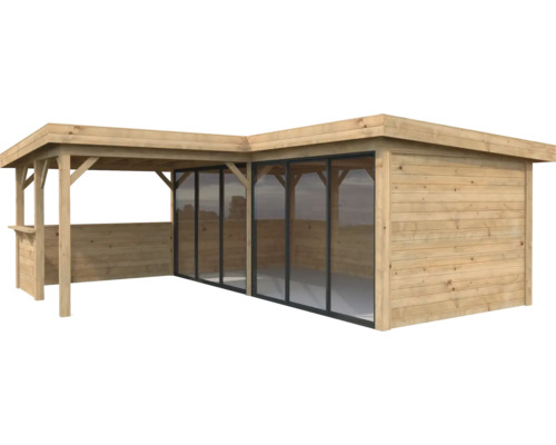 Paviljong PALMAKO Lenna Slide 24,9m² set 422 588x588cm doppimpregnerad brun Trädgårdshus i trä med tak och skjutdörrar