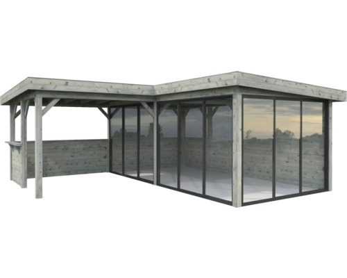 Paviljong PALMAKO Lenna Slide 24,9m² set 423 588x588cm doppimpregnerad grå Trädgårdspaviljong i trä med glasfront