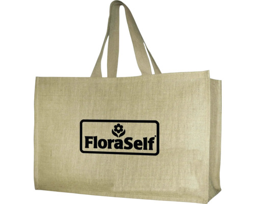 Jutepåse med FloraSelf-logotyp