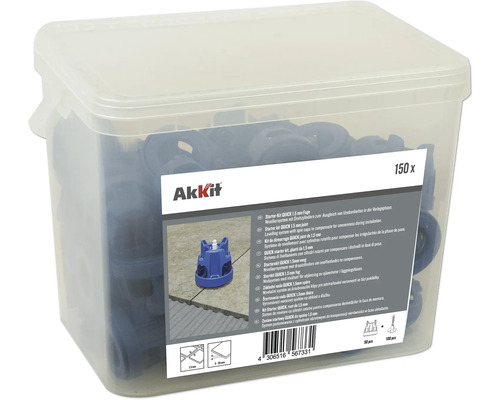 Nivåsystem AKKIT Quick 1,5 mm fogavstånd 50 nivåhattar och 100 nivåskruvar i hink Akkit Nivelleringssystem för kakel Startpaket med 1,5 mm fog i transparent låda