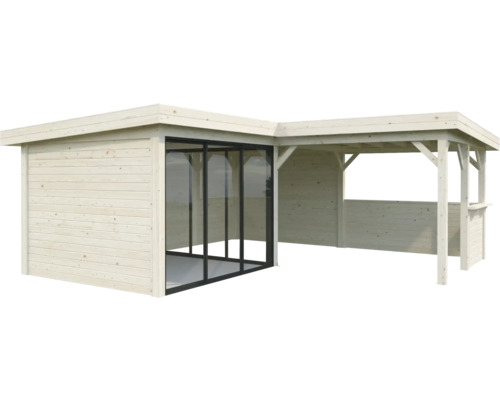 Trädgårdshus i trä med övertäckt sittplats