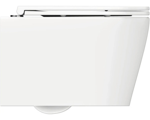 Detaljvy av en vägghängd toalett med toalettlock