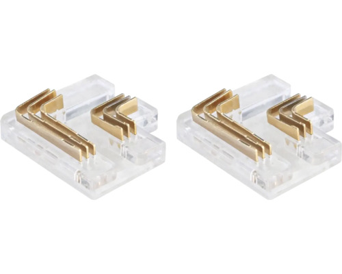 Två transparenta strömkontakter med guldfärgade kontakter.