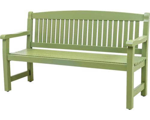 Grön trädgårdsbänk i trä med armstöd och ribbad sits
