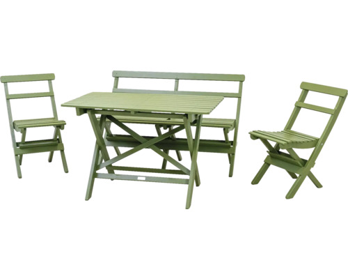 Trädgårdsmöbelgrupp i trä med två stolar och en bänk