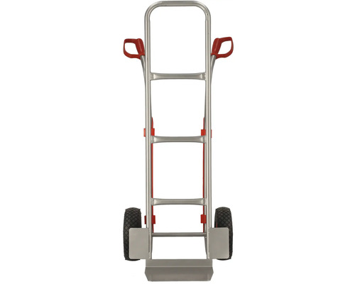 Säckkärra av metall med två hjul och röda handtag