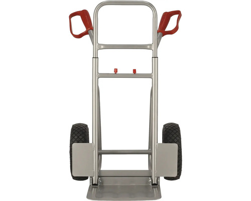 Säckkärra av metall med röda handtag och svarta hjul