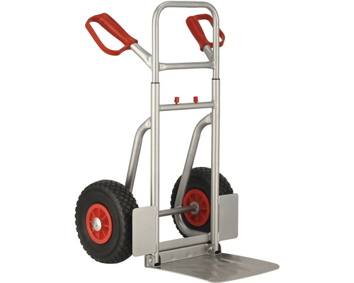 Säckkärra av metall med två hjul och röda handtag