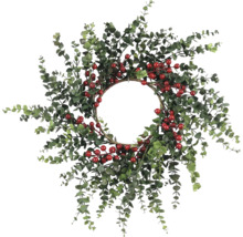 Krans med eukalyptusblad och röda bär