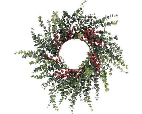 Krans med eukalyptusblad och röda bär