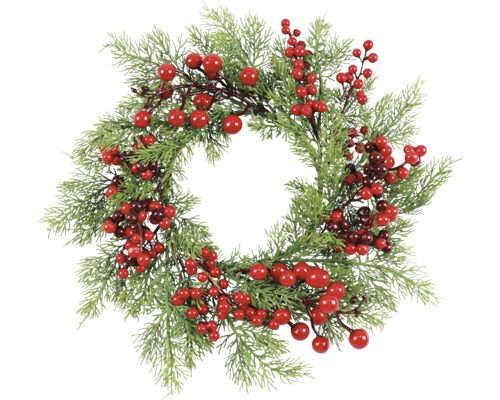 Dekorativ dörrkrans med bär och tallgrenar för julen