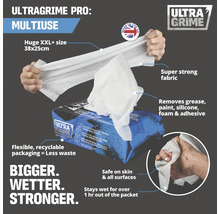 Ultragrime Pro rengöringsdukar i XXL-format, 38x25 cm, för olika applikationer, tar bort fett, färg, silikon, skum och lim.