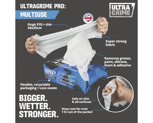 Ultragrime Pro rengöringsdukar i XXL-format, 38x25 cm, för olika applikationer, tar bort fett, färg, silikon, skum och lim.