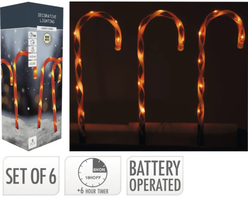 Batteridriven julbelysning polkagrisstång 42 varmvita LED 47cm 6st inkl. 6H timer Sexpack dekorativa polkagrisbelysningar med 42 lysdioder, 47 centimeter höga och batteridrivna