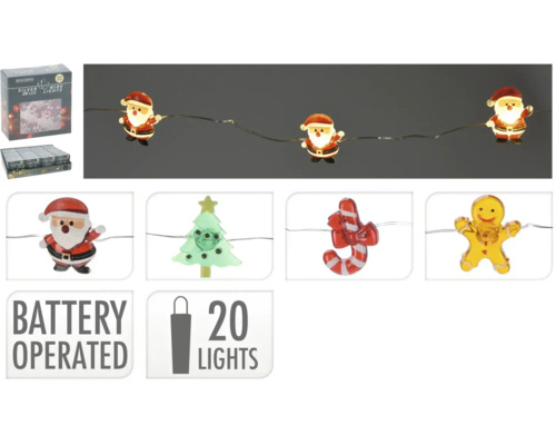 Batteridriven ljusslinga 20 varmvita LED tråd blandade utföranden Batteridriven ljusslinga med 20 LED-lampor, julmotiv och produktförpackning