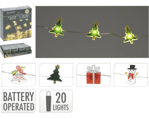 Batteridriven ljusslinga 20 varmvita LED tråd blandade utföranden Ljuskedja med batteridrift, 20 LED-lampor, med olika julmotiv