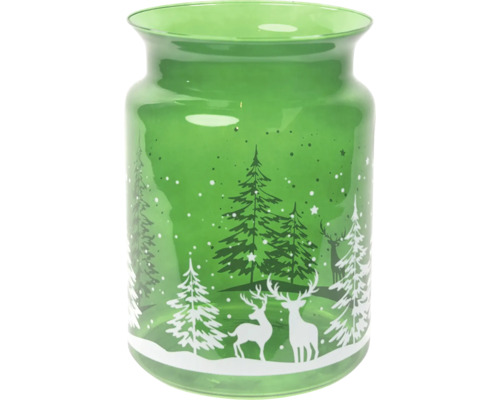 Grön glasvas med hjort- och granmönster